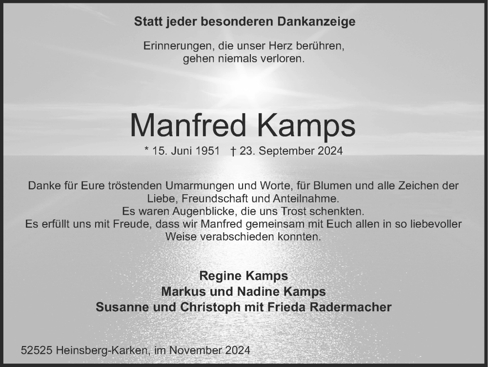 Traueranzeige für Manfred Kamps vom 10.11.2024 aus Zeitung am Sonntag