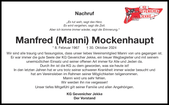 Traueranzeige von Manfred  Mockenhaupt von Zeitung am Sonntag