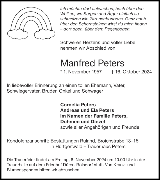 Traueranzeige von Manfred Peters von Zeitung am Sonntag
