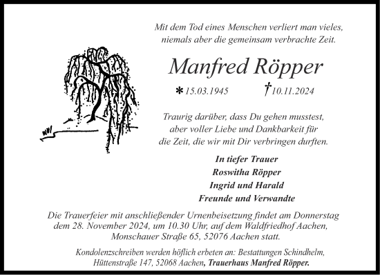 Traueranzeige von Manfred Röpper von Aachener Zeitung