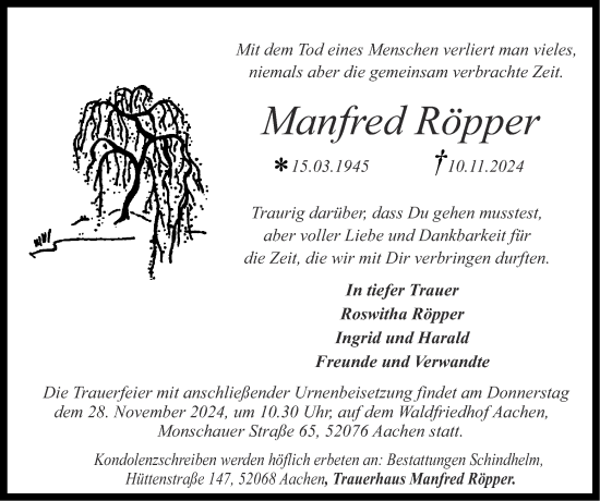 Traueranzeige von Manfred Röpper von Zeitung am Sonntag