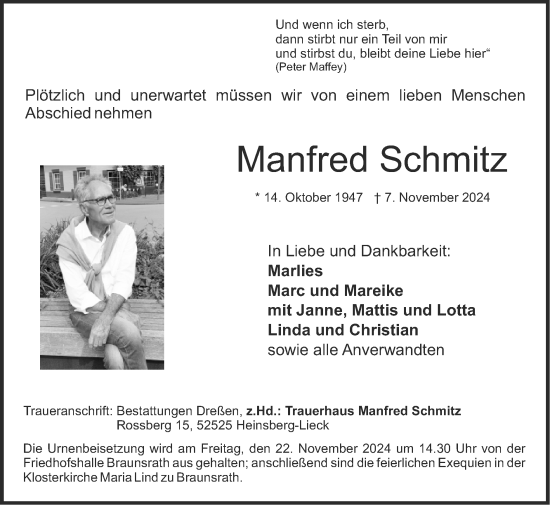 Traueranzeige von Manfred Schmitz von Zeitung am Sonntag