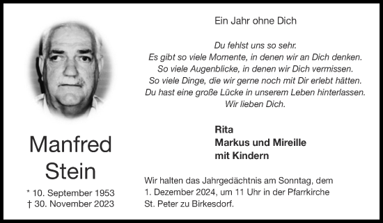 Traueranzeige von Manfred Stein von Zeitung am Sonntag