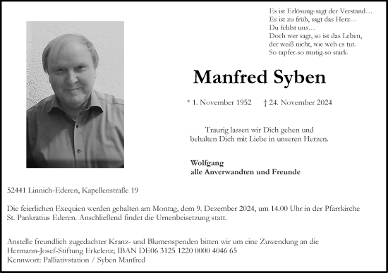 Traueranzeige von Manfred Syben von Aachener Zeitung