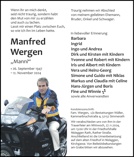 Traueranzeige von Manfred Wergen von Zeitung am Sonntag