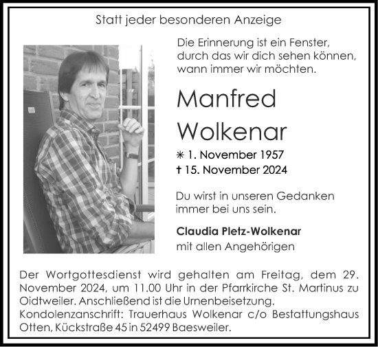 Traueranzeige von Manfred Wolkenar von Zeitung am Sonntag