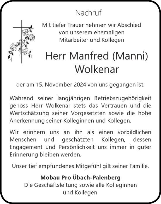 Traueranzeige von Manfred Wolkenar von Zeitung am Sonntag