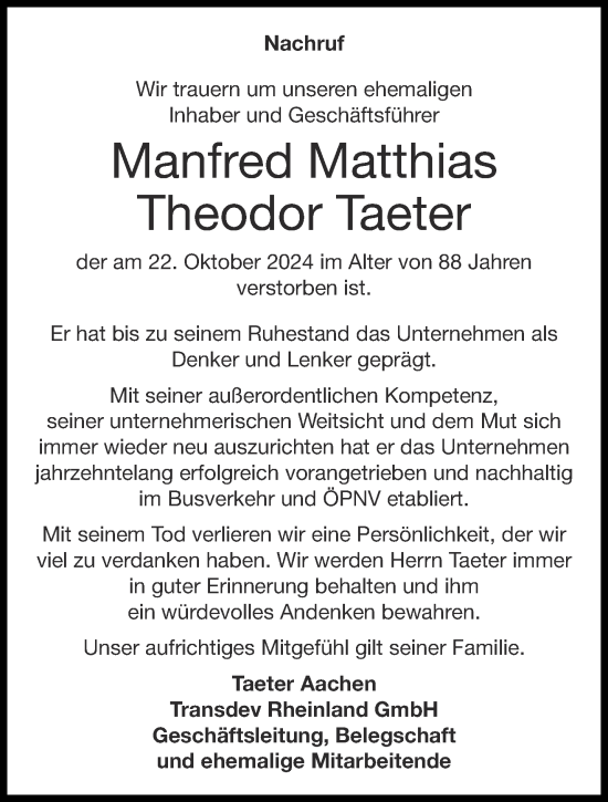 Traueranzeige von Manfred Matthias Theodor Taeter von Aachener Zeitung
