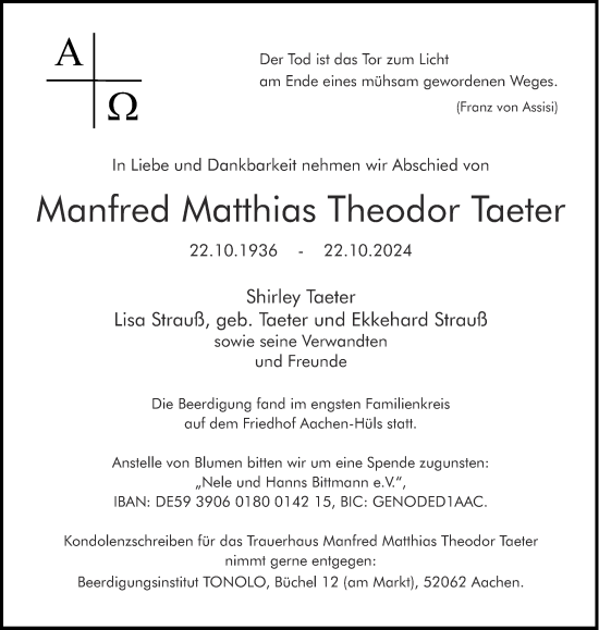 Traueranzeige von Manfred Matthias Theodor Taeter von Aachener Zeitung