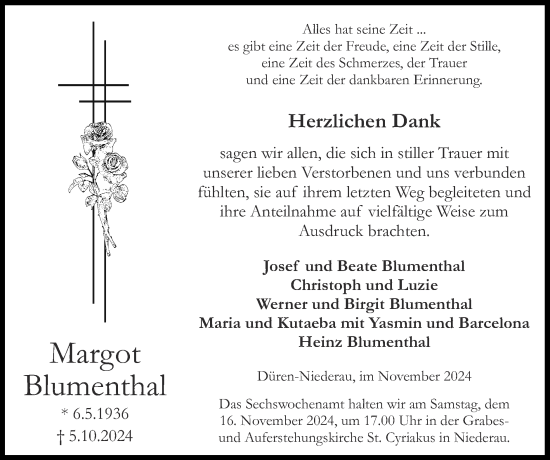 Traueranzeige von Margot Blumenthal von Zeitung am Sonntag