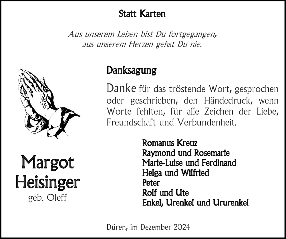  Traueranzeige für Margot Heisinger vom 01.12.2024 aus Zeitung am Sonntag