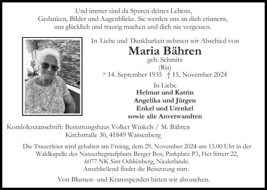Traueranzeige von Maria Bähren von Zeitung am Sonntag