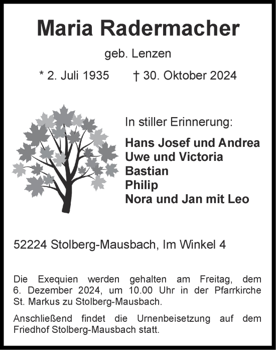 Traueranzeige von Maria Radermacher von Zeitung am Sonntag