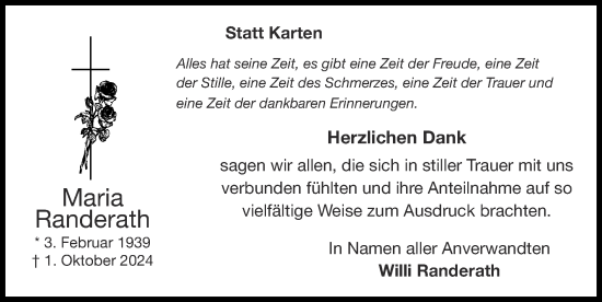 Traueranzeige von Maria Randerath von Zeitung am Sonntag