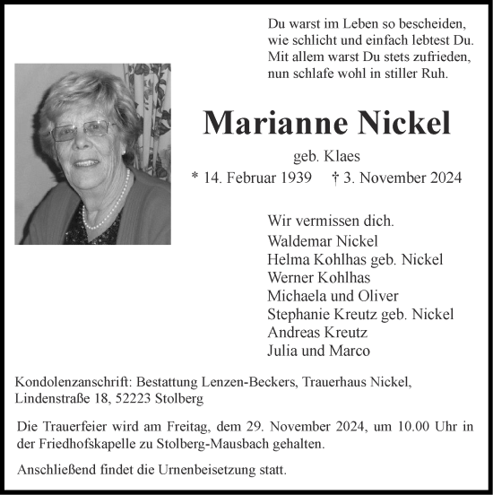 Traueranzeige von Marianne Nickel von Zeitung am Sonntag
