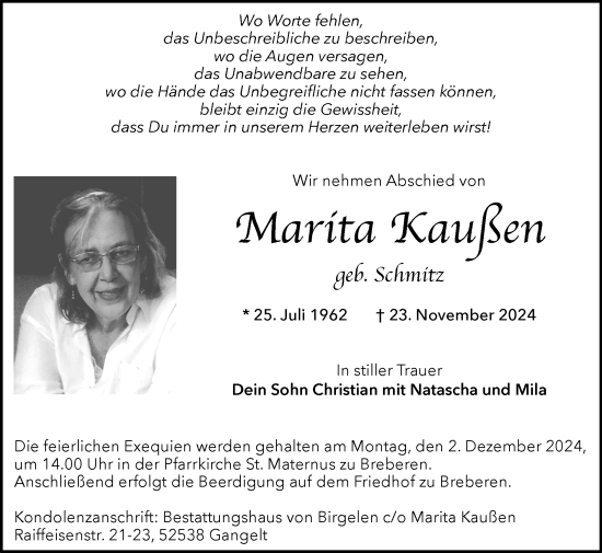 Traueranzeige von Marita Kaußen von Zeitung am Sonntag