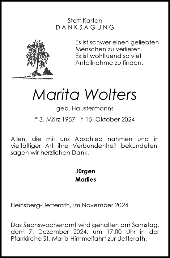 Traueranzeige von Marita Wolters von Zeitung am Sonntag