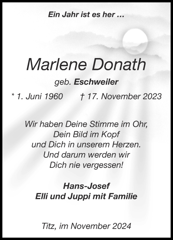 Traueranzeige von Marlene Donath von Zeitung am Sonntag