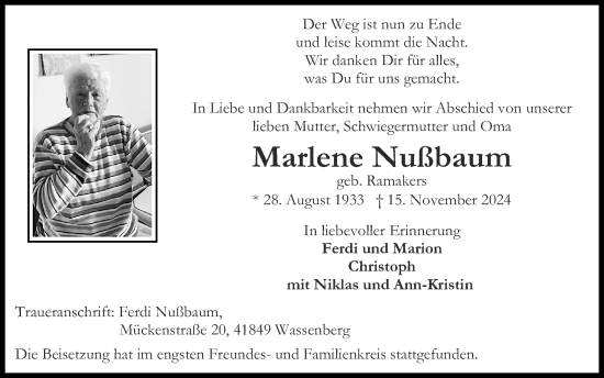 Traueranzeige von Marlene Nußbaum von Zeitung am Sonntag