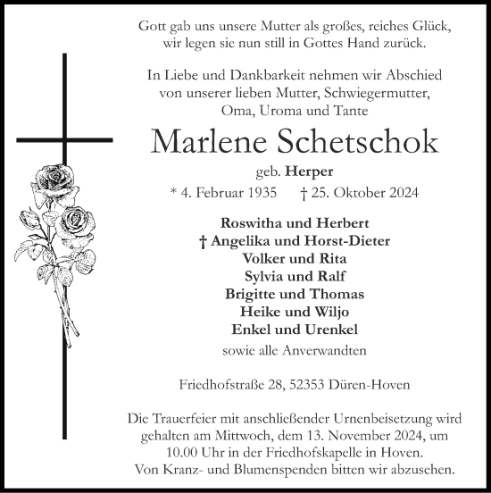 Traueranzeige von Marlene Schetschok von Zeitung am Sonntag