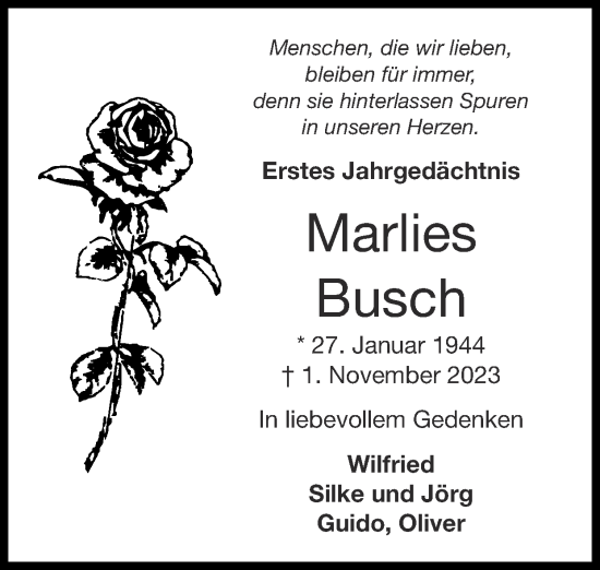 Traueranzeige von Marlies Busch von Zeitung am Sonntag