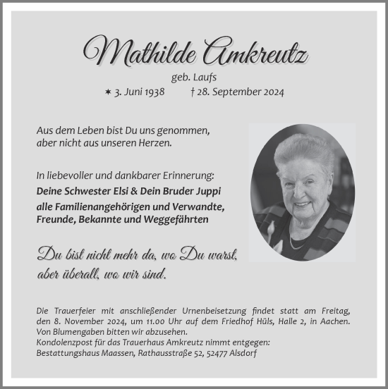 Traueranzeige von Mathilde Amkreutz von Zeitung am Sonntag