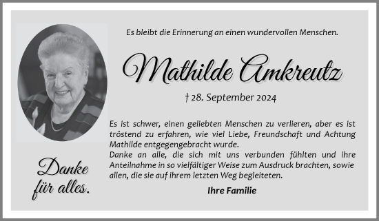 Traueranzeige von Mathilde Amkreutz von Zeitung am Sonntag