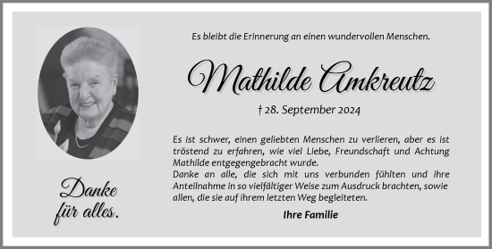 Traueranzeige von Mathilde Amkreutz von Aachener Zeitung