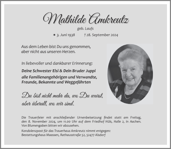 Traueranzeige von Mathilde Amkreutz von Aachener Zeitung