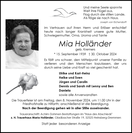 Traueranzeige von Mia Holländer von Zeitung am Sonntag
