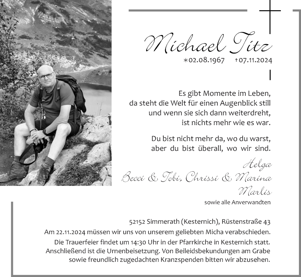  Traueranzeige für Michael Titz vom 17.11.2024 aus Zeitung am Sonntag