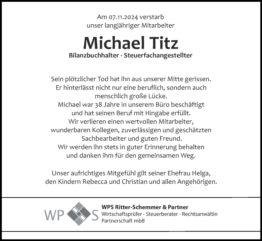  Traueranzeige für Michael Titz vom 17.11.2024 aus Zeitung am Sonntag