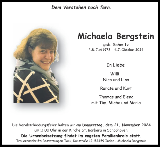 Traueranzeige von Michaela Bergstein von Zeitung am Sonntag