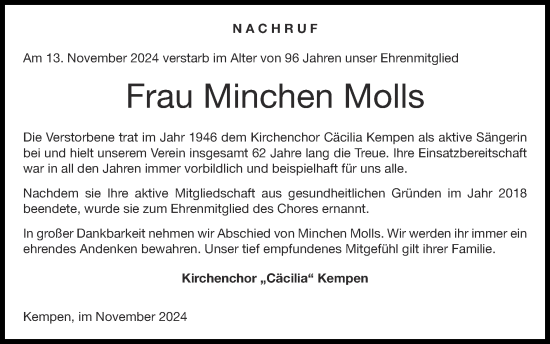 Traueranzeige von Minchen Molls von Zeitung am Sonntag