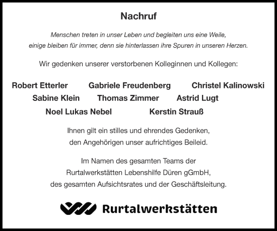 Traueranzeige von Nachruf Rurtalwerkstätten Lebenshilfe Düren gGmbH von Zeitung am Sonntag