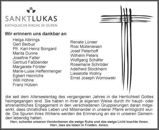 Traueranzeige von Nachruf Sanktlukas Katholische Kirche Düren von Zeitung am Sonntag