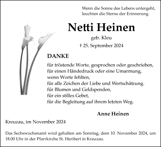Traueranzeige von Netti Heinen von Zeitung am Sonntag