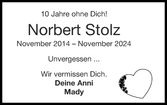 Traueranzeige von Norbert Stolz von Zeitung am Sonntag