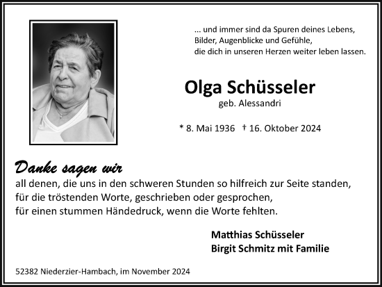 Traueranzeige von Olga Schüsseler von Zeitung am Sonntag