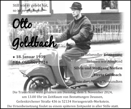 Traueranzeige von Otto Goldbach von Zeitung am Sonntag