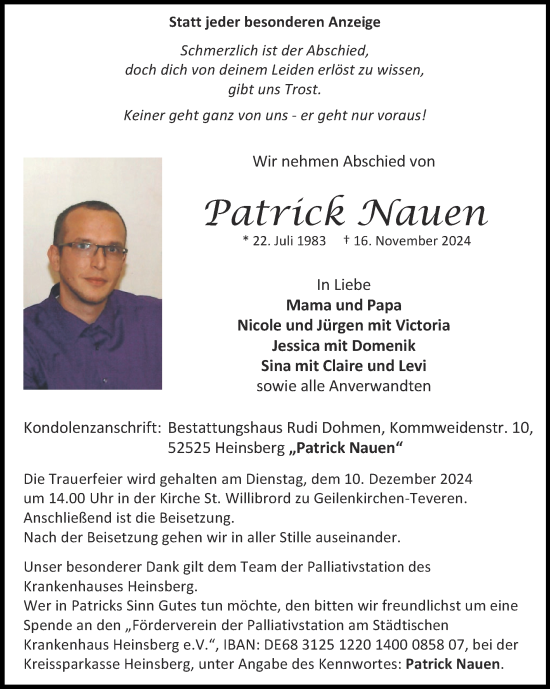 Traueranzeige von Patrick Nauen von Zeitung am Sonntag