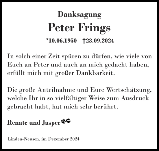 Traueranzeige von Peter Frings von Zeitung am Sonntag