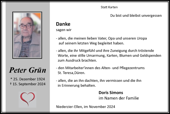 Traueranzeige von Peter Grün von Zeitung am Sonntag