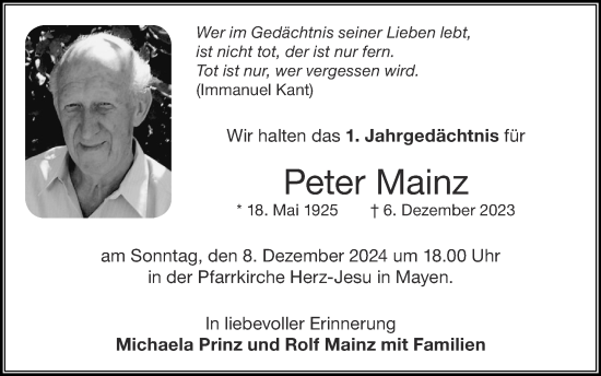 Traueranzeige von Peter Mainz von Zeitung am Sonntag