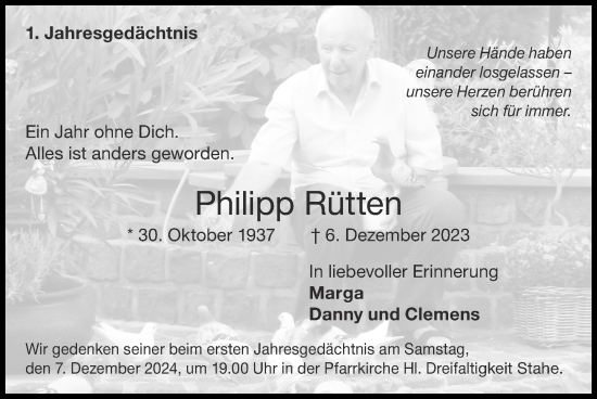 Traueranzeige von Philipp Rütten von Zeitung am Sonntag