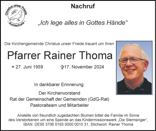 Traueranzeige von Rainer Thoma von Zeitung am Sonntag