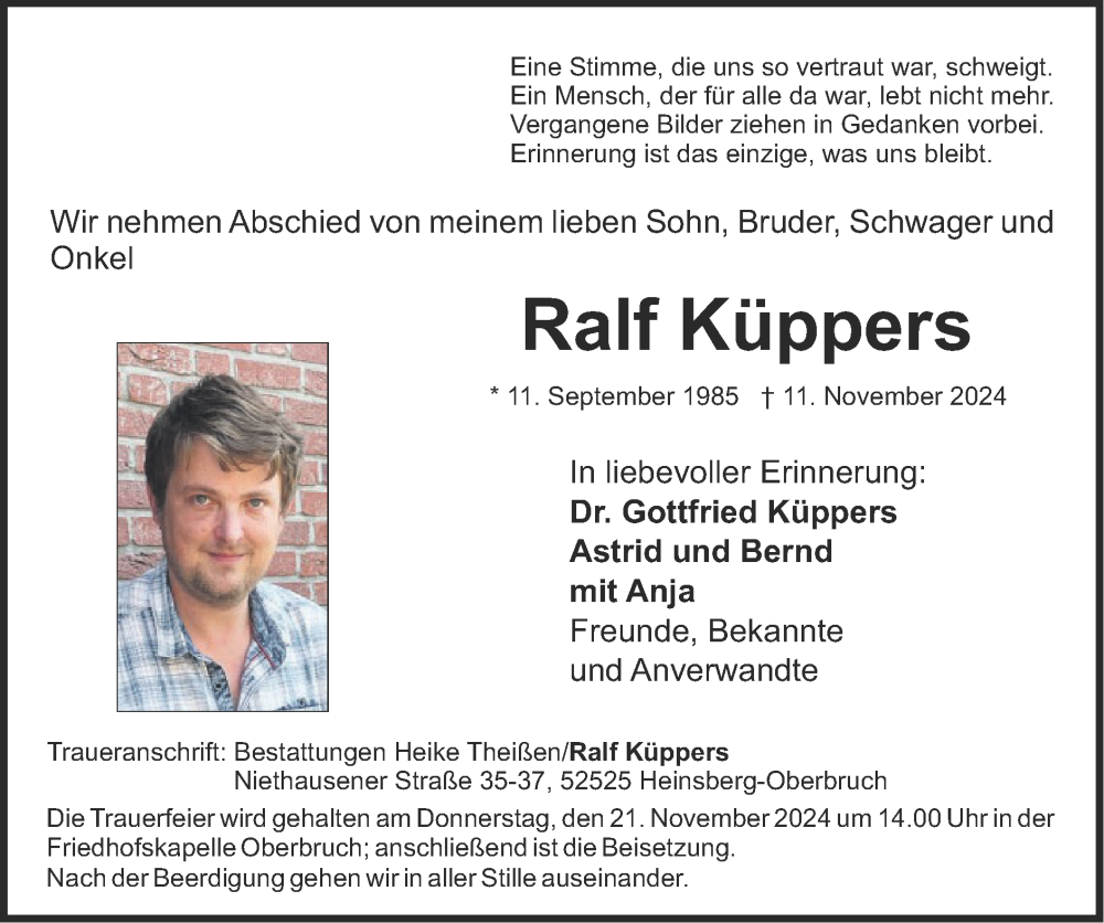  Traueranzeige für Ralf Küppers vom 17.11.2024 aus Zeitung am Sonntag