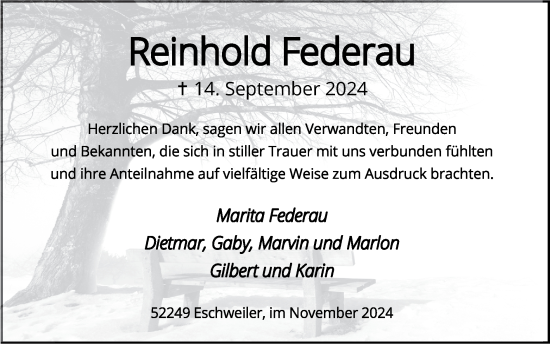 Traueranzeige von Reinhold Federau von Zeitung am Sonntag