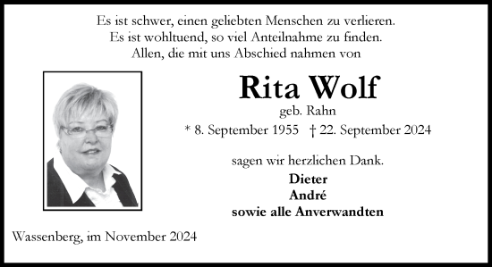 Traueranzeige von Rita Wolf von Zeitung am Sonntag