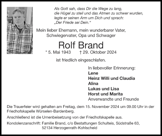 Traueranzeige von Rolf Brand von Zeitung am Sonntag